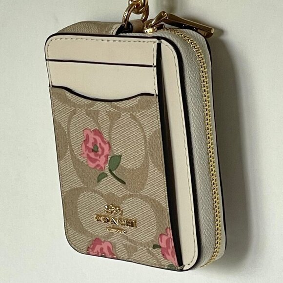 Coach Zip Card Case Pink Floral CR971 ID Wallet Beige Canvas Leather Chain Strap - Picture 6 of 8